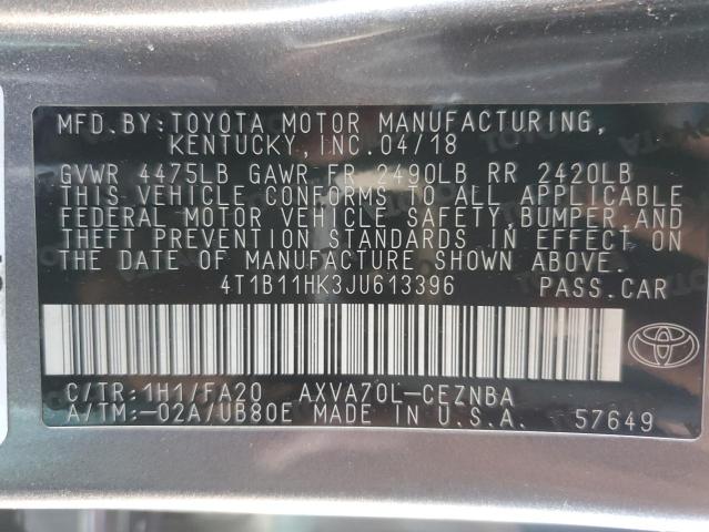 4T1B11HK3JU613396 | 2018 TOYOTA CAMRY L