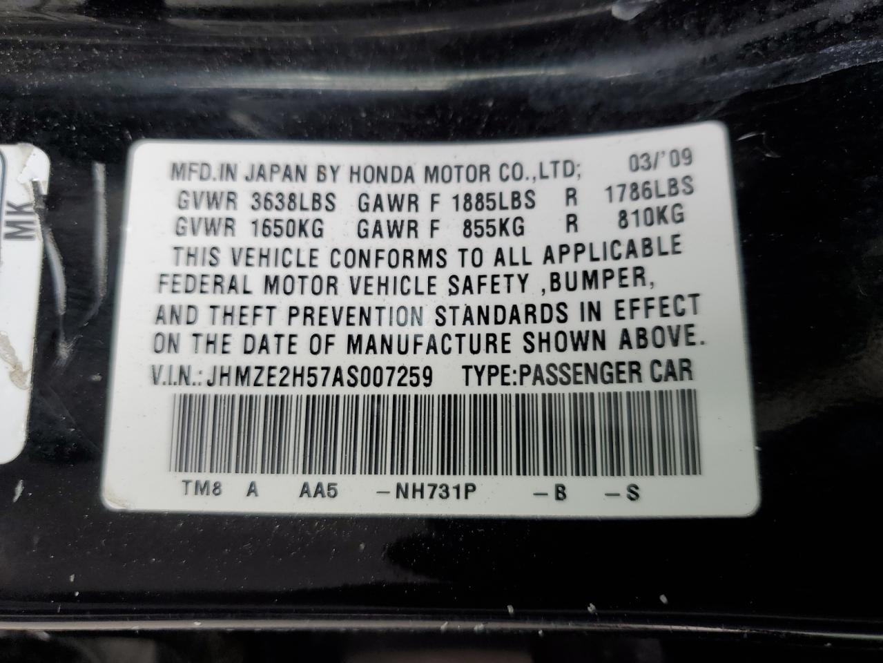 JHMZE2H57AS007259 2010 Honda Insight Lx