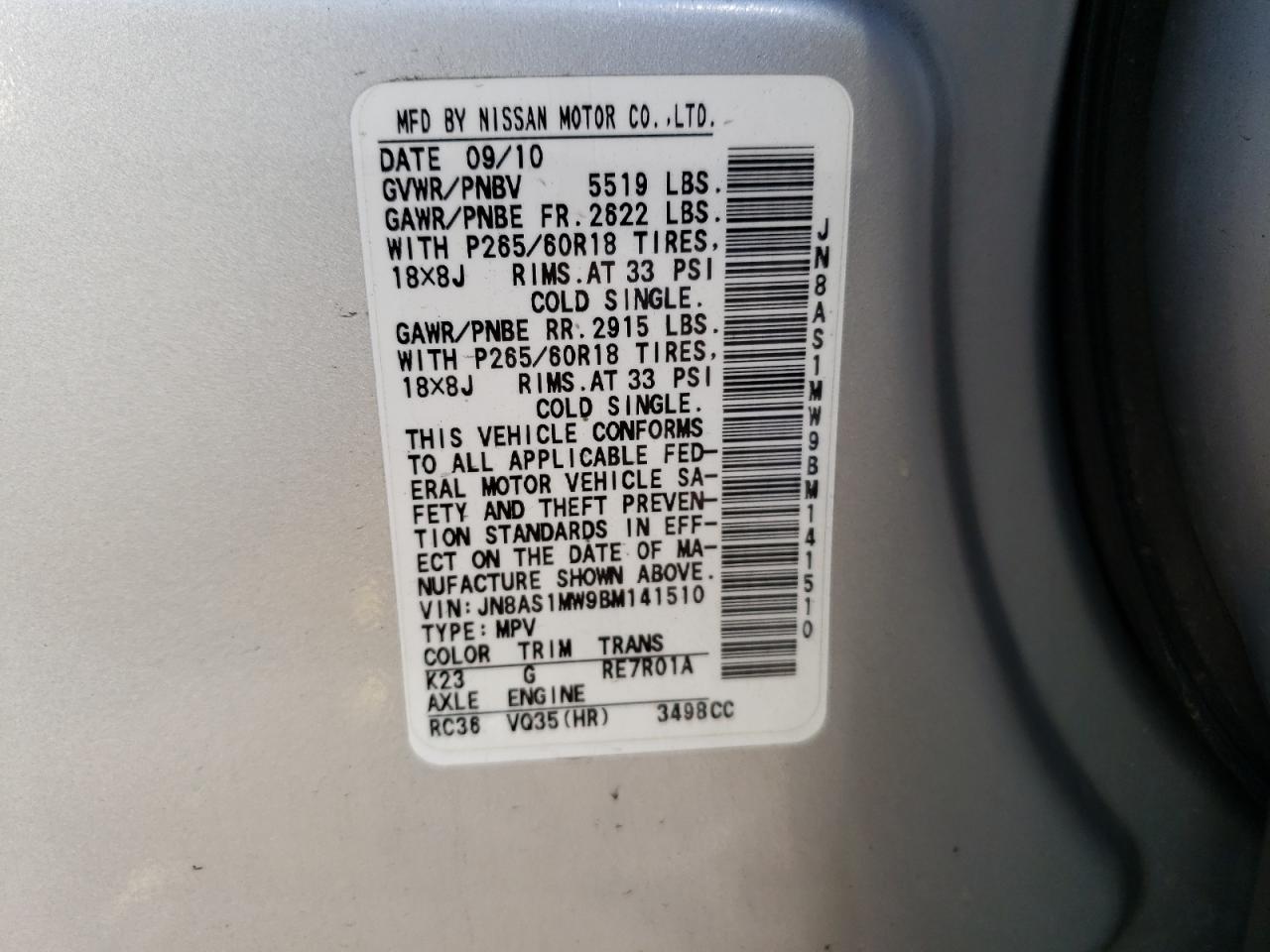 jn8as1mw9bm141510 JN8AS1MW9BM141510 2011 Infiniti Fx35