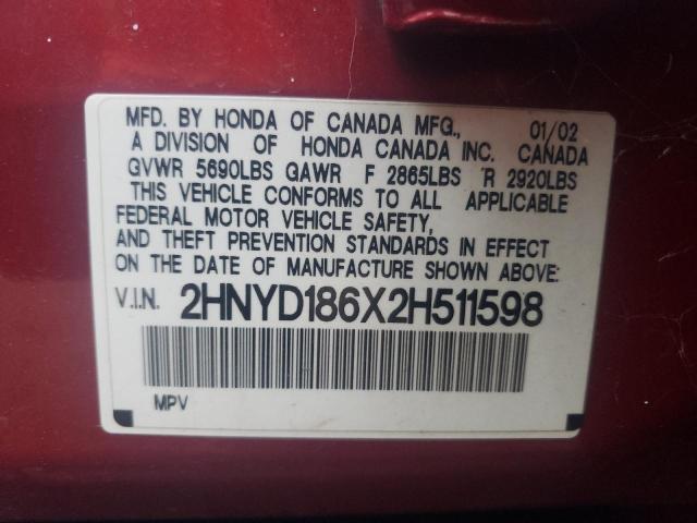 2002 Acura Mdx Touring VIN: 2HNYD186X2H511598 Lot: 80672273