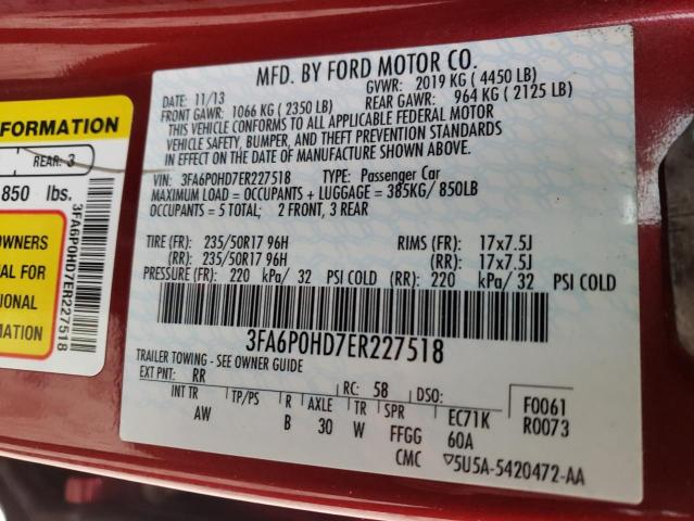 3FA6P0HD7ER227518 | 2014 FORD FUSION SE