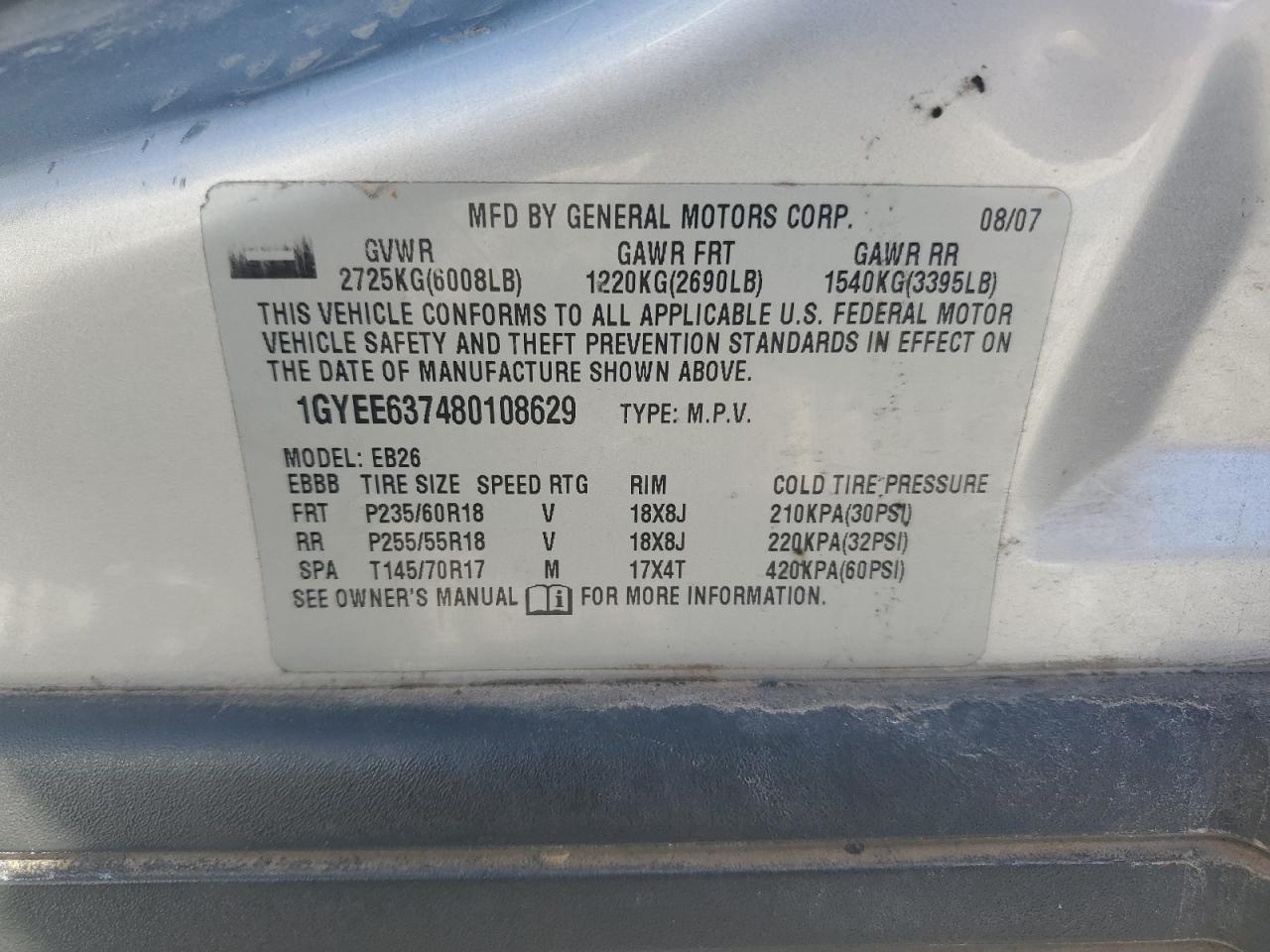 1gyee637480108629 1GYEE637480108629 2008 Cadillac Srx