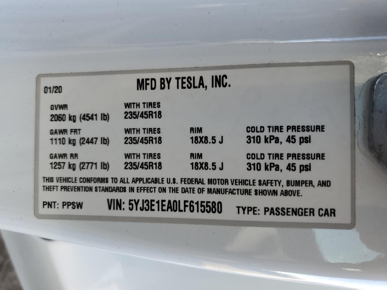 2020 Tesla Model 3 vin: 5YJ3E1EA0LF615580