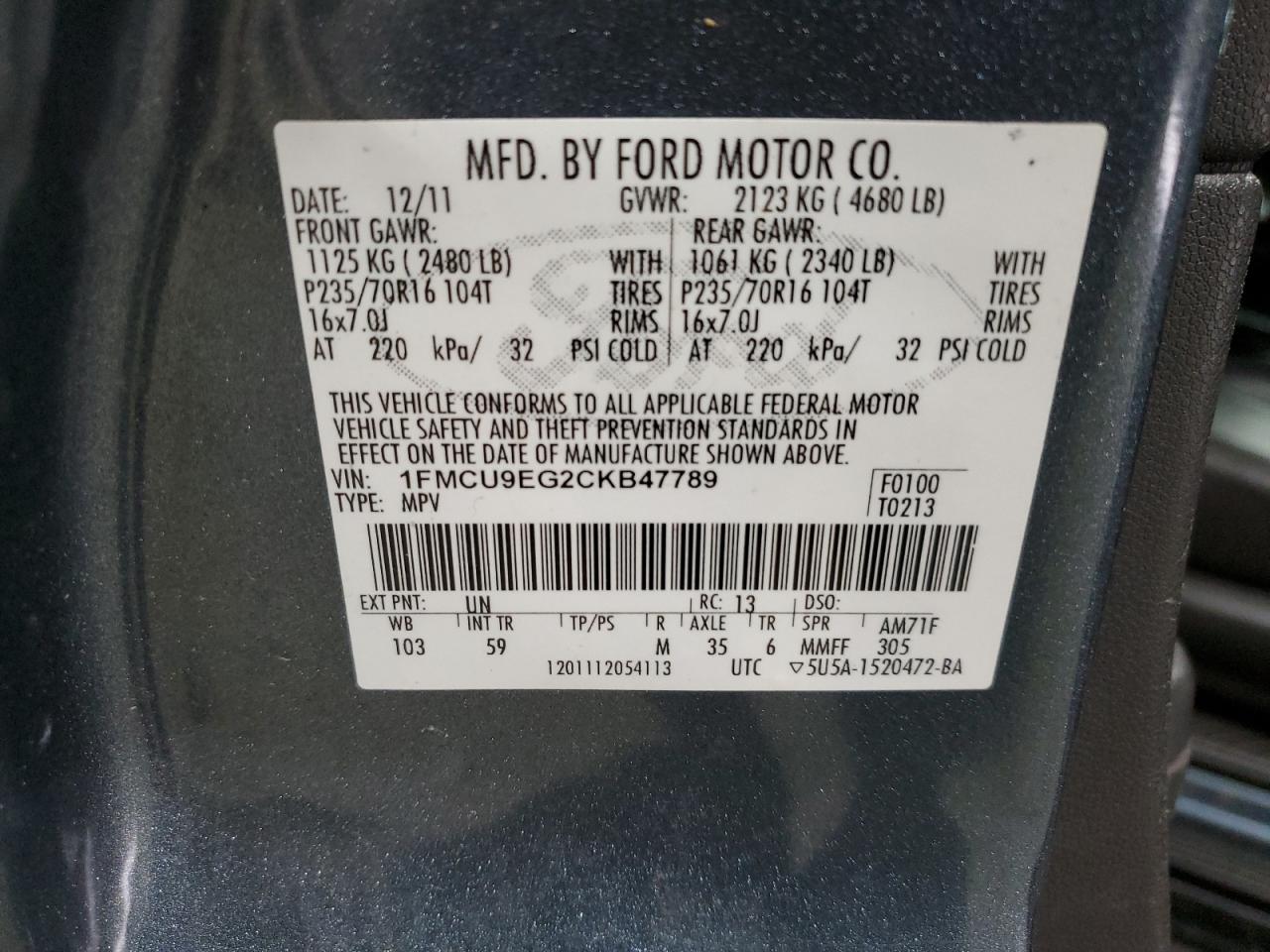 1FMCU9EG2CKB47789 2012 Ford Escape Limited 1FMCU9EG2CKB47789 2012 Ford Escape Limited