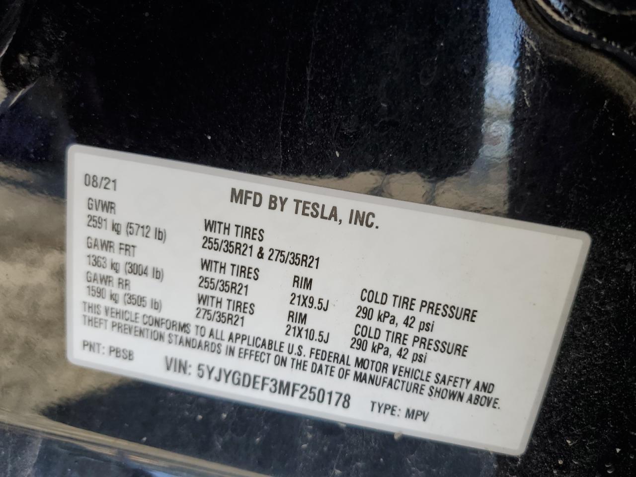 5YJYGDEF3MF250178 2021 Tesla Model Y