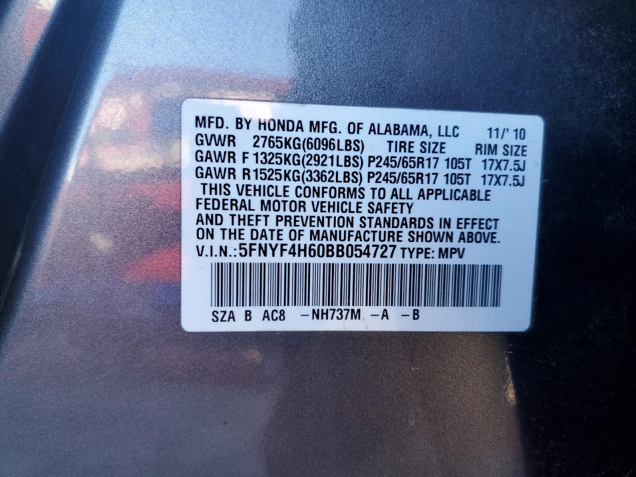 5FNYF4H60BB054727 2011 Honda Pilot Exl