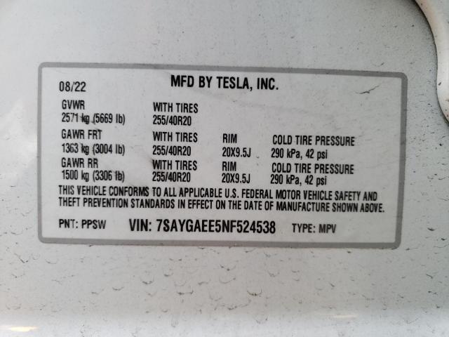 7SAYGAEE5NF524538 | 2022 Tesla model y