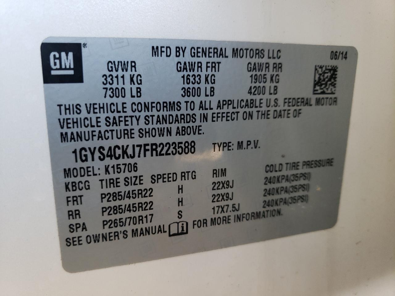 1gys4ckj7fr223588 1GYS4CKJ7FR223588 2015 Cadillac Escalade Premium