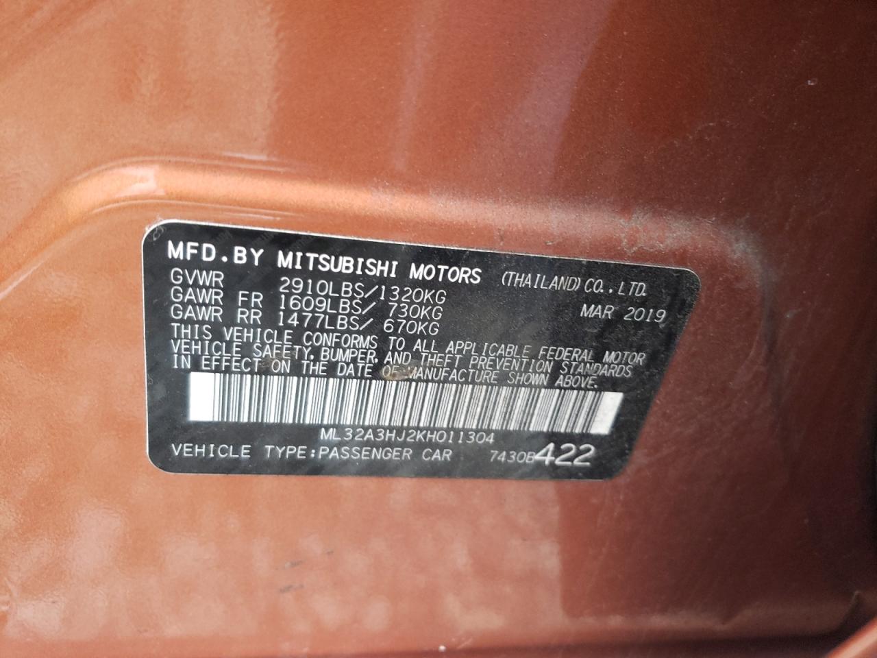 ML32A3HJ2KH011304 2019 Mitsubishi Mirage Es