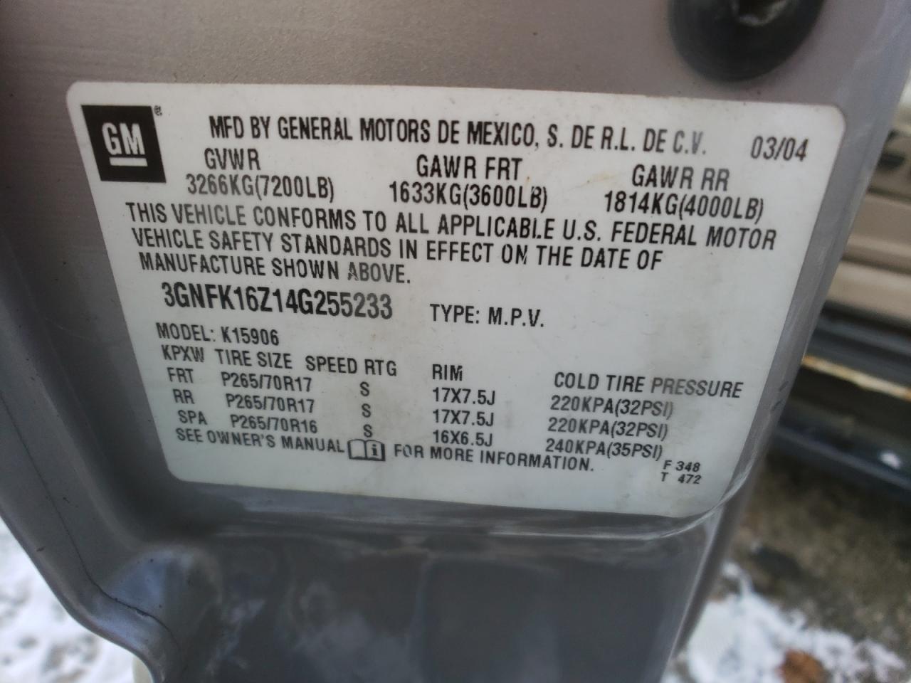 3gnfk16z14g255233 3GNFK16Z14G255233 2004 Chevrolet Suburban K1500