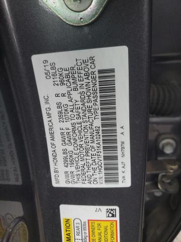 1HGCV1F51KA102462 | 2019 HONDA ACCORD EXL