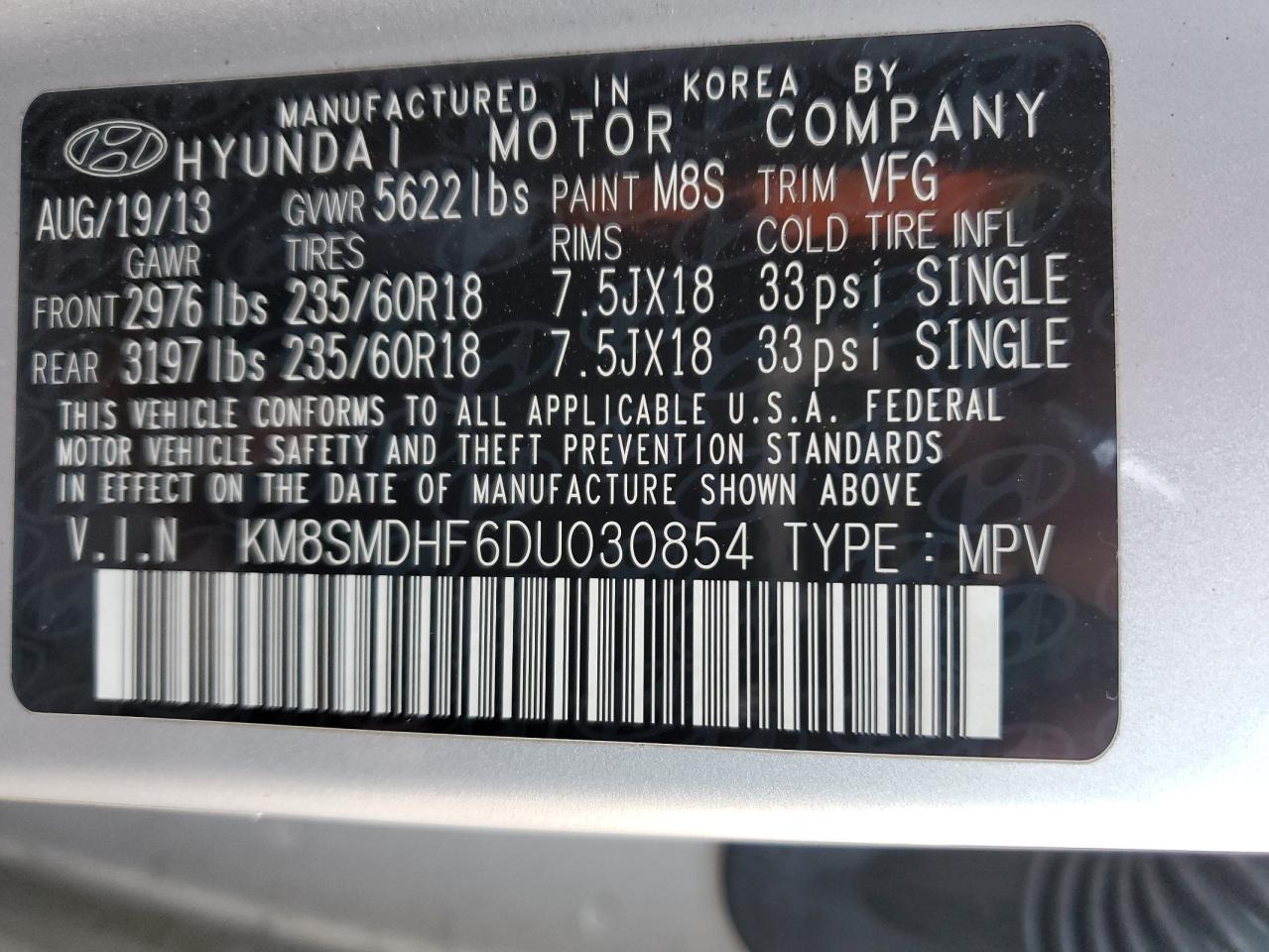 km8smdhf6du030854 KM8SMDHF6DU030854 2013 Hyundai Santa Fe Gls