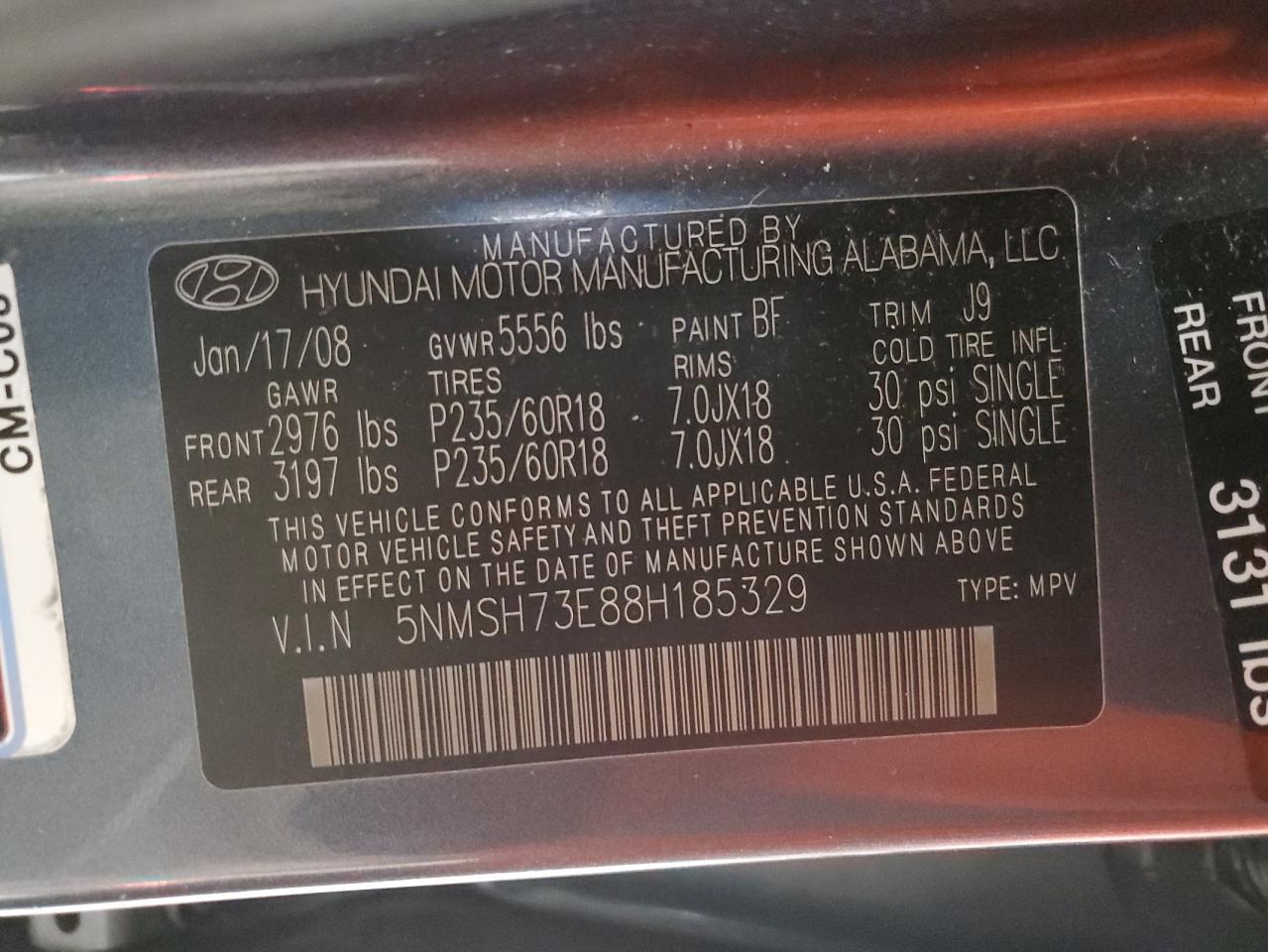 5NMSH73E88H185329 2008 Hyundai Santa Fe Se