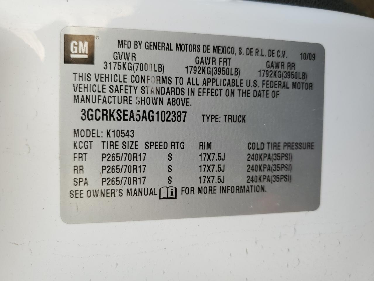 3GCRKSEA5AG102387 2010 Chevrolet Silverado K1500 Lt 3GCRKSEA5AG102387 2010 Chevrolet Silverado K1500 Lt