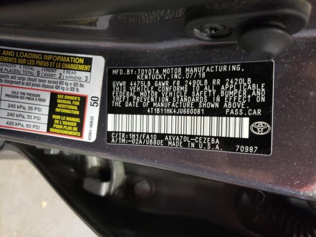 4T1B11HK4JU660081 | 2018 TOYOTA CAMRY L