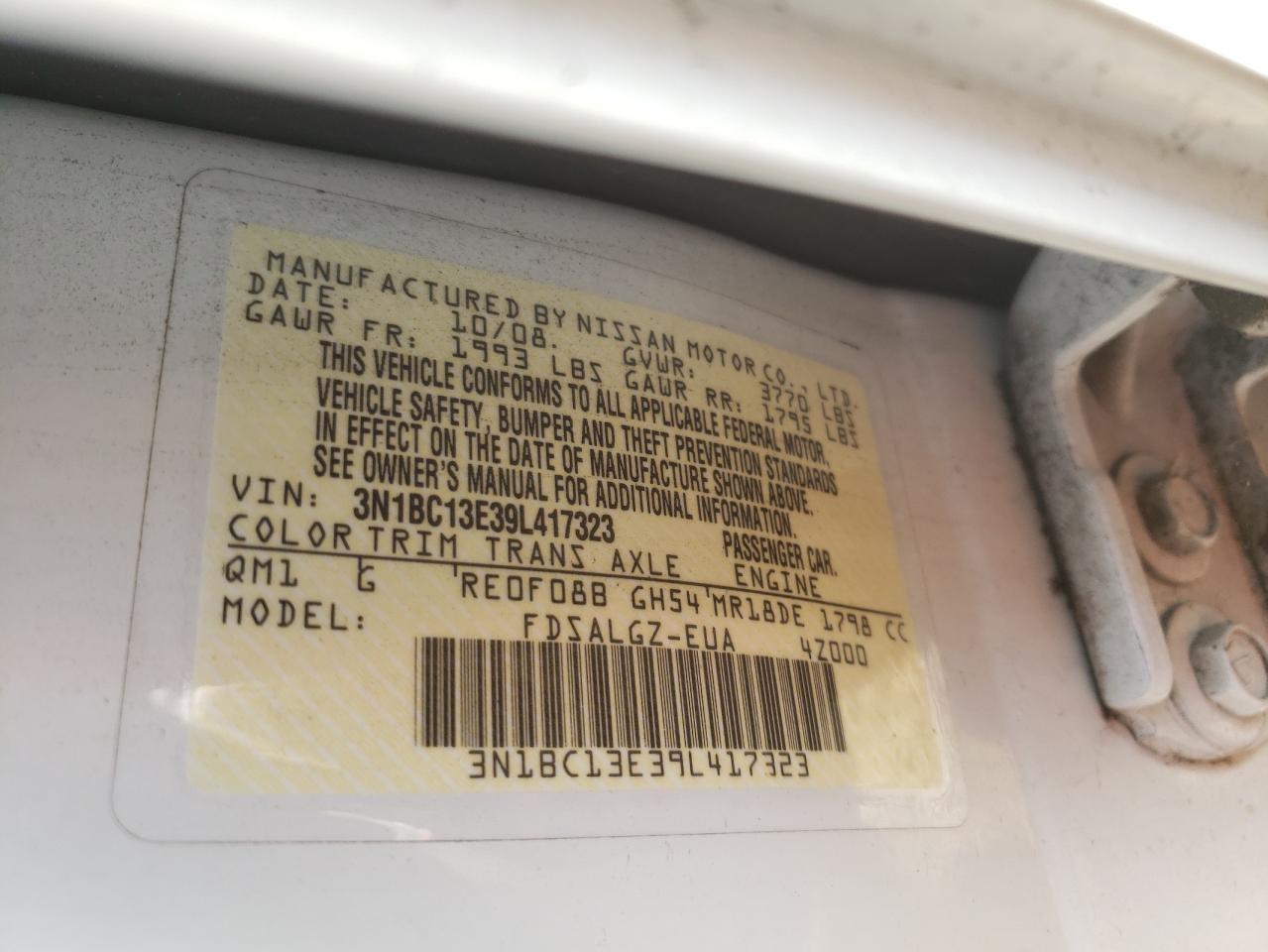 3n1bc13e39l417323 3N1BC13E39L417323 2009 Nissan Versa S
