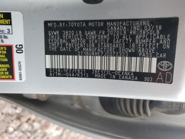 2T1BURHE7JC072323 | 2018 TOYOTA COROLLA L