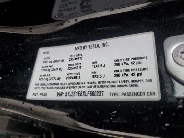 5YJ3E1EBXLF600237 | 2020 TESLA MODEL 3