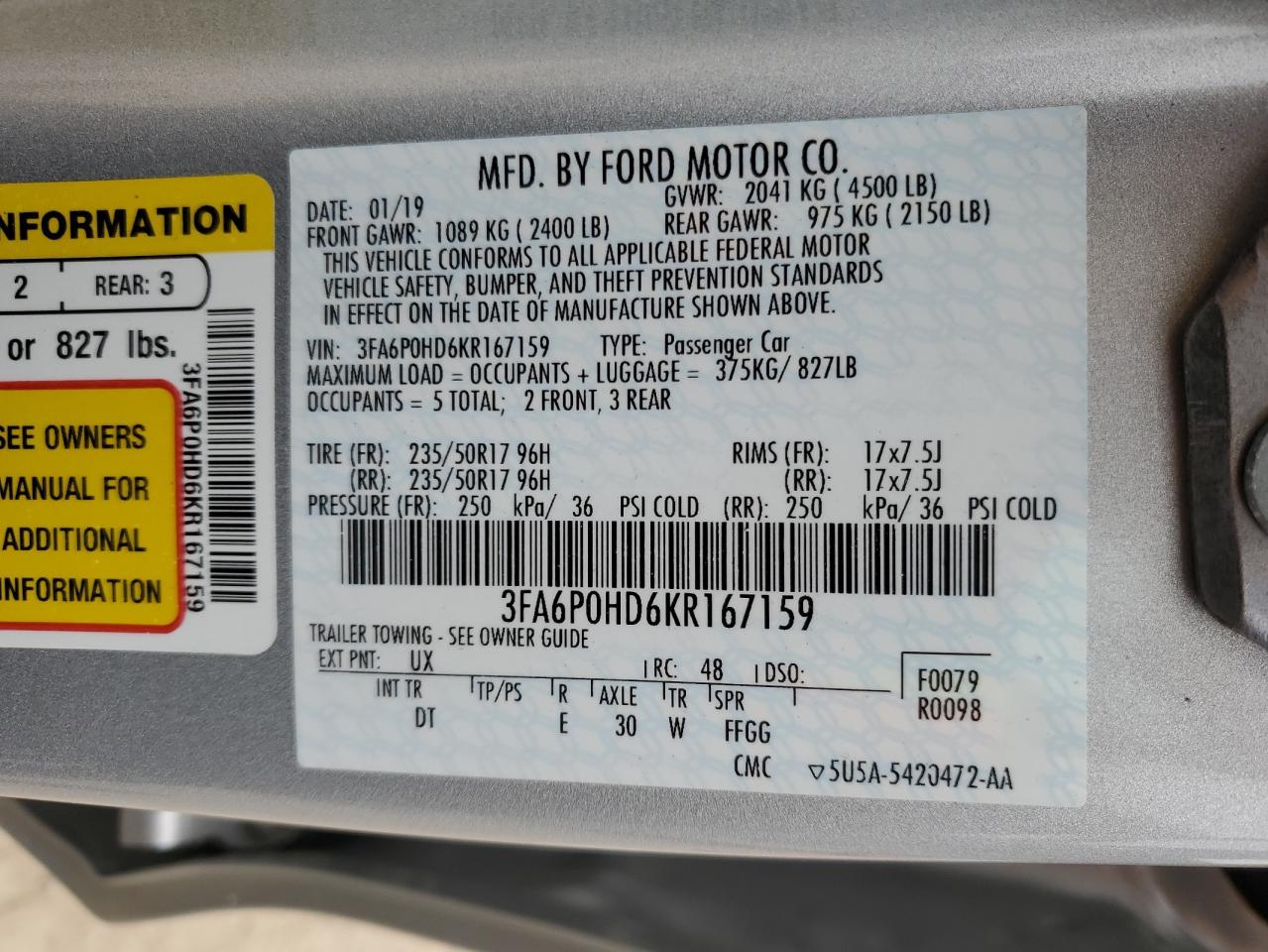 2019 Ford Fusion Se 1.5L(VIN: 3FA6P0HD6KR167159