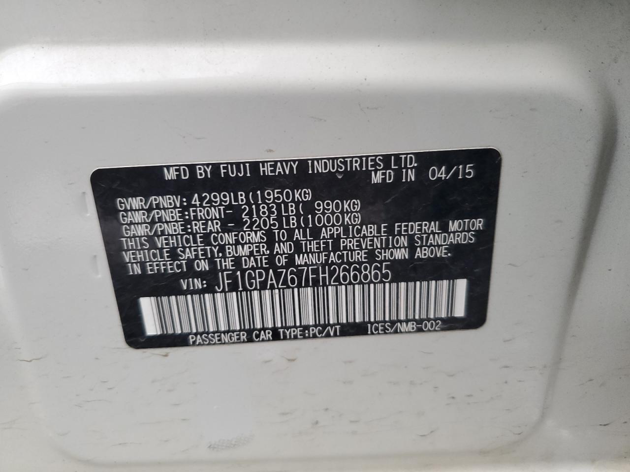 JF1GPAZ67FH266865 2015 Subaru Impreza Sport Limited