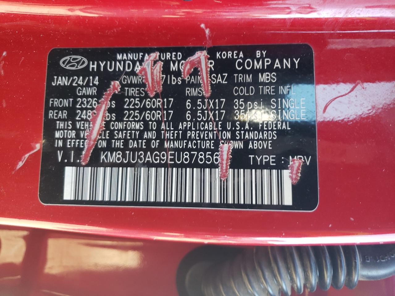 KM8JU3AG9EU878561 2014 Hyundai Tucson Gls