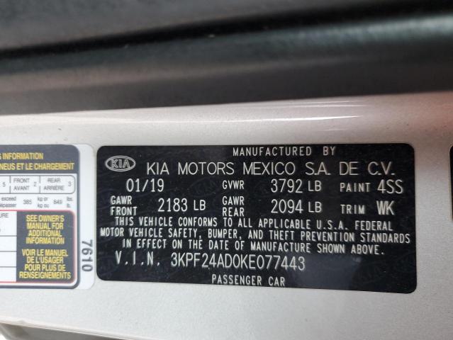 3KPF24AD0KE077443 | 2019 KIA FORTE FE