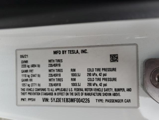 5YJ3E1EB3MF004226 | 2021 TESLA MODEL 3