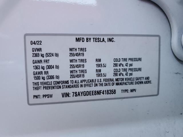 7SAYGDEE8NF418358 | 2022 TESLA MODEL Y