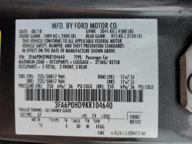 3FA6P0HD9KR104640 Ford Fusion SE 10