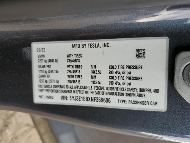 5YJ3E1EBXNF359606 | 2022 TESLA MODEL 3