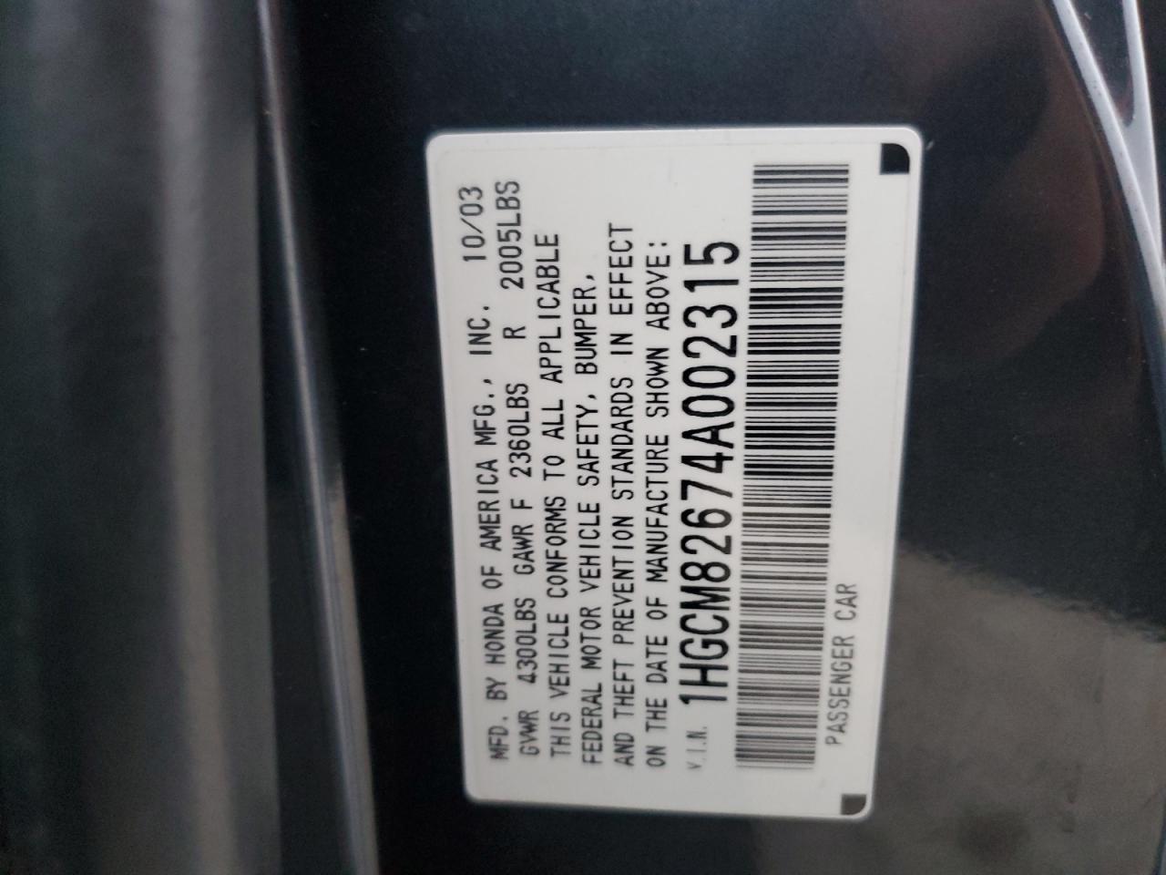 1HGCM82674A002315 2004 Honda Accord Ex