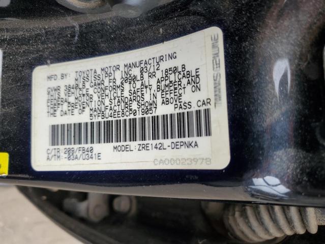 5YFBU4EE8CP019057 | 2012 Toyota corolla base