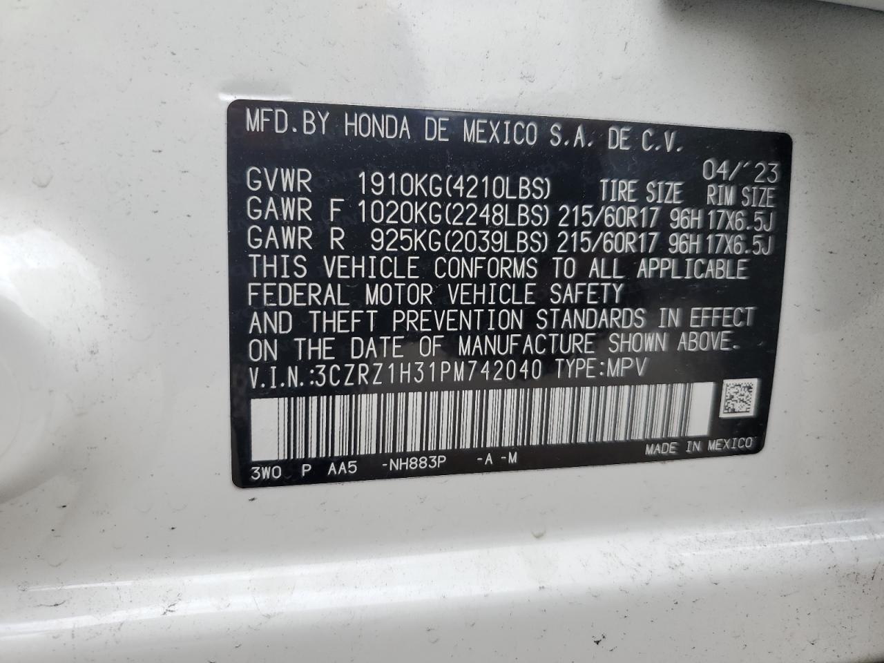 3CZRZ1H31PM742040 2023 Honda Hr-V Lx