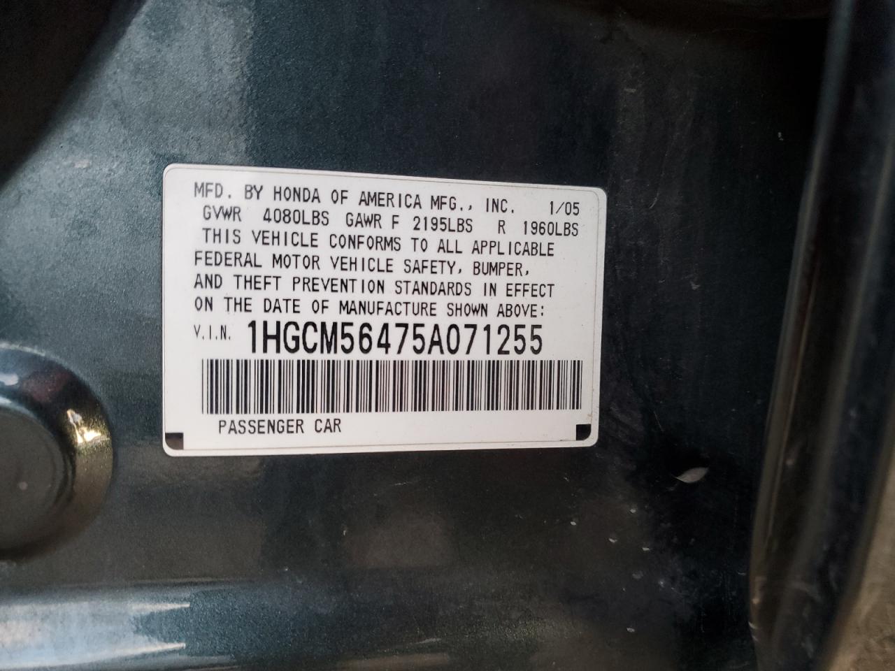 1HGCM56475A071255 2005 Honda Accord Lx