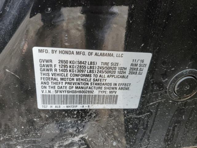 2017 HONDA PILOT ELIT - 5FNYF6H08HB002892