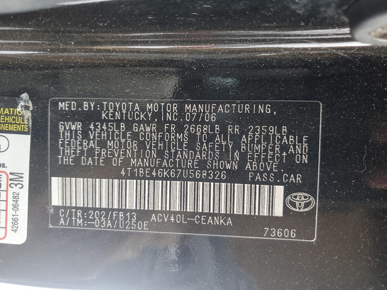 Lot #3034295084 2007 TOYOTA CAMRY CE