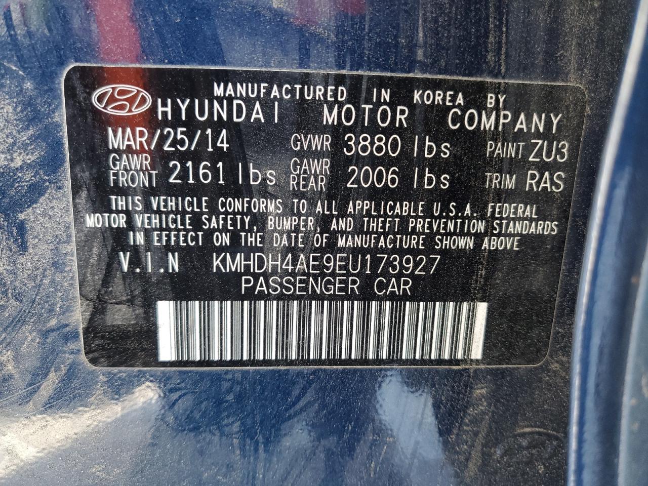 Lot #3034282177 2014 HYUNDAI ELANTRA SE