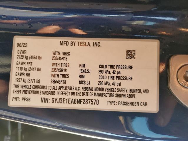 2022 TESLA MODEL 3 - 5YJ3E1EA6NF287570