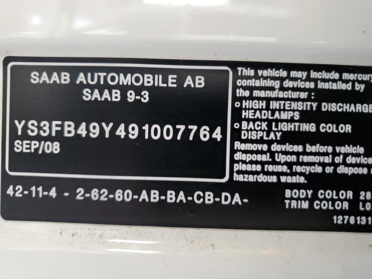 Lot #3052289669 2009 SAAB 9-3 2.0T