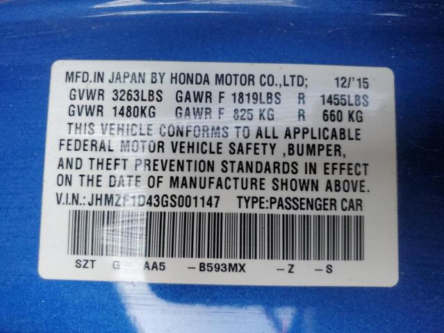2016 HONDA CR-Z JHMZF1D43GS001147