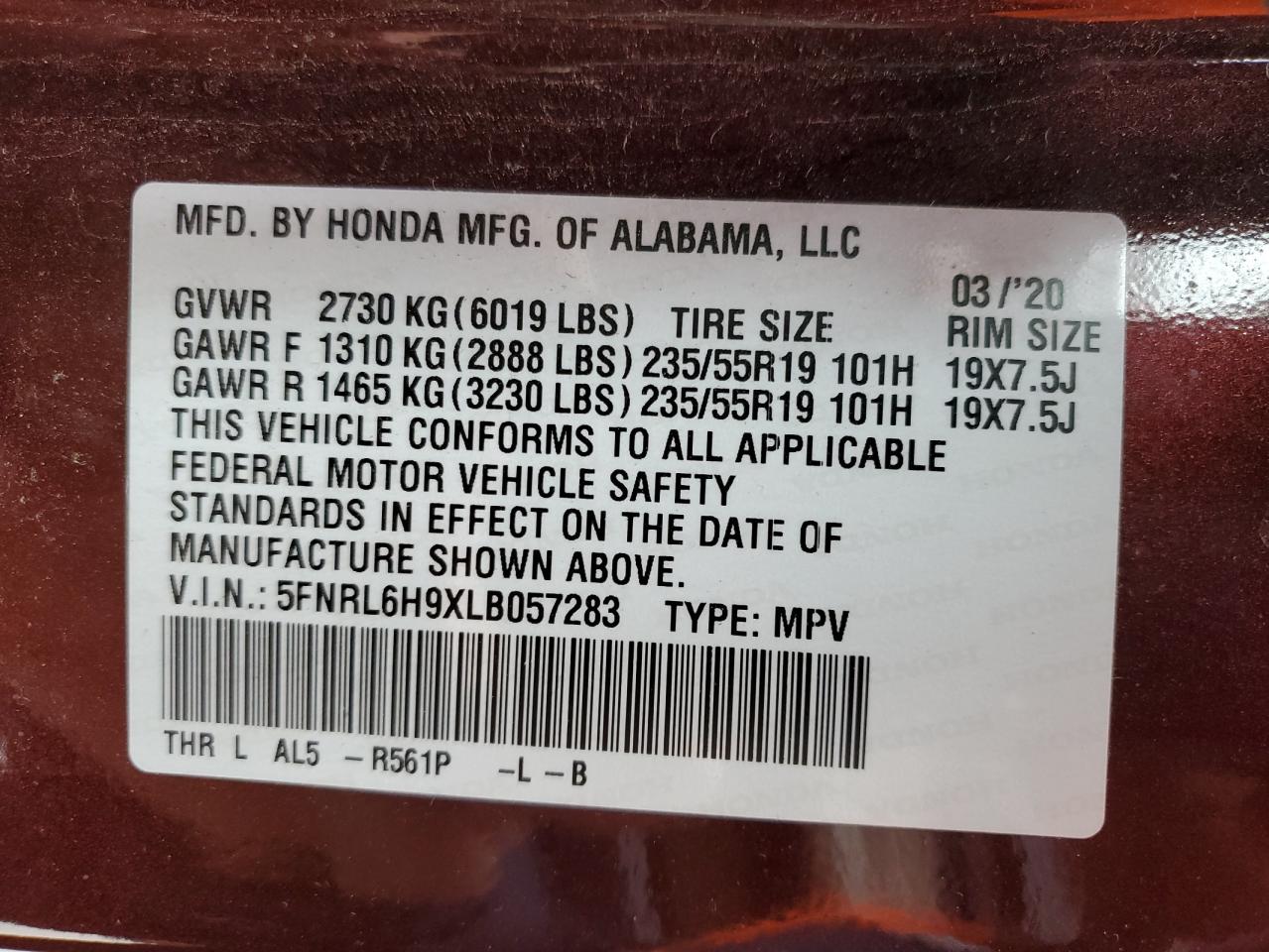 Lot #3026005956 2020 HONDA ODYSSEY EL