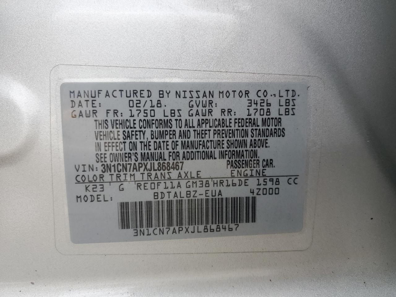 Lot #3034349077 2018 NISSAN VERSA S