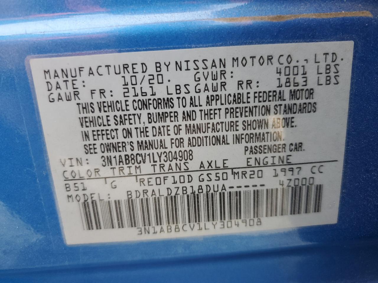 Lot #3050452237 2020 NISSAN SENTRA SV