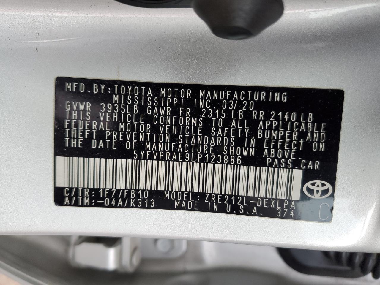 Lot #3033027015 2020 TOYOTA COROLLA LE