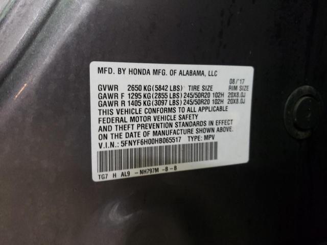 2017 HONDA PILOT ELIT - 5FNYF6H00HB065517