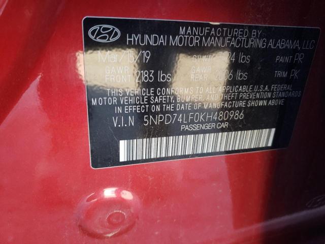 2019 HYUNDAI ELANTRA SE 5NPD74LF0KH480986