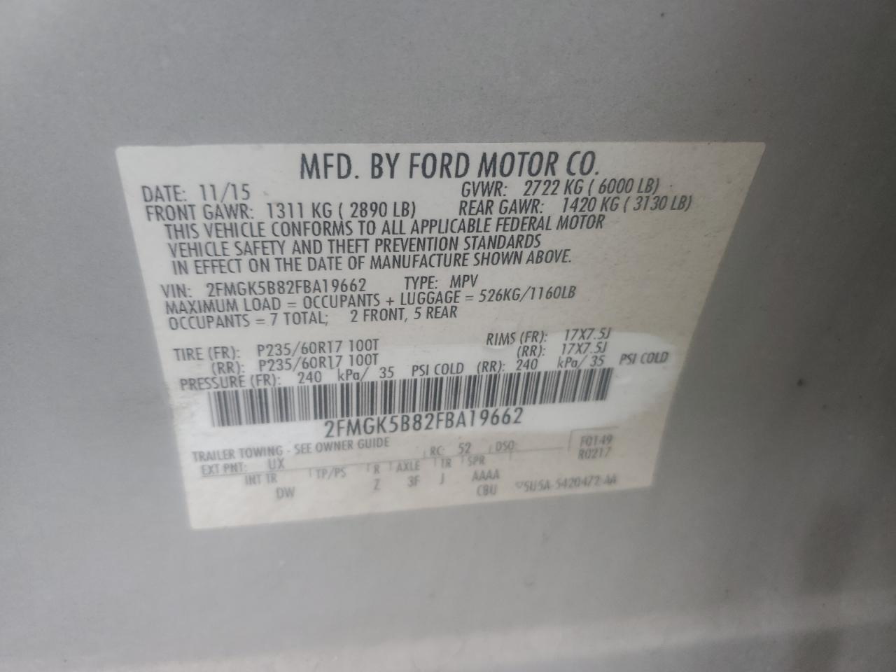 Lot #3029687090 2015 FORD FLEX SE