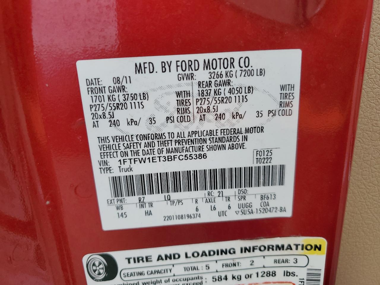 Lot #3034343097 2011 FORD F150 SUPER