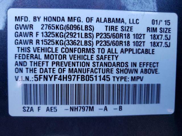 2015 HONDA PILOT TOUR - 5FNYF4H97FB051145