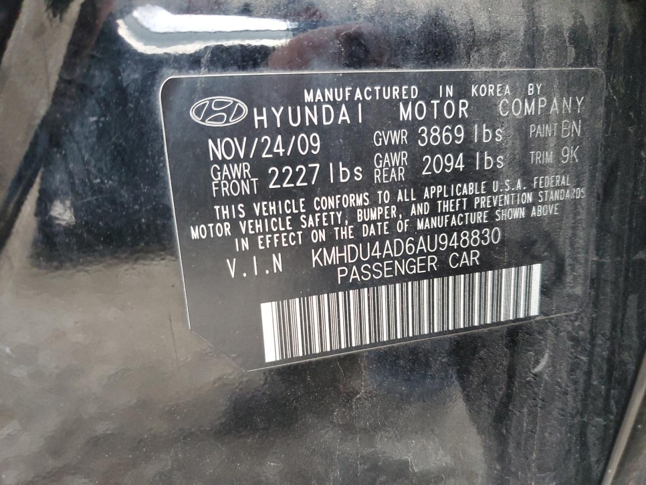 Lot #3033011044 2010 HYUNDAI ELANTRA BL